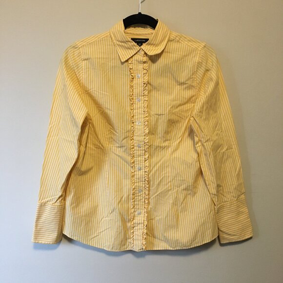 Lands' End Yellow & White Pinstripe Ruffle Trim Button Down Shirt - Picture 2 of 16
